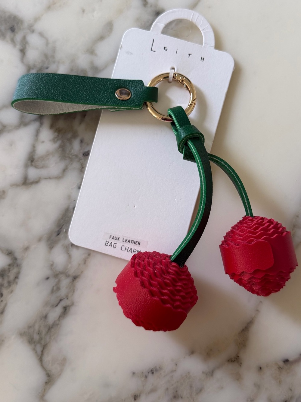 NWT Leith Cherry Faux Leather Bag Charm Keychain Red Green Gold Nordstrom